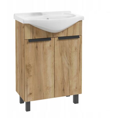 Meuble de salle de bain 60 cm – Chêne doré – Vasque en céramique – Charnières à fermeture douce – Design compact pour petits espaces