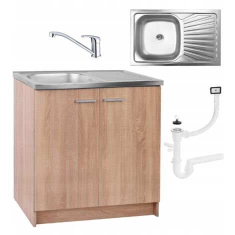 Meuble sous évier 80 cm en chêne sonoma – Évier inox résistant – Robinet à rotation chromée – Siphon inclus – Installation simplifiée
