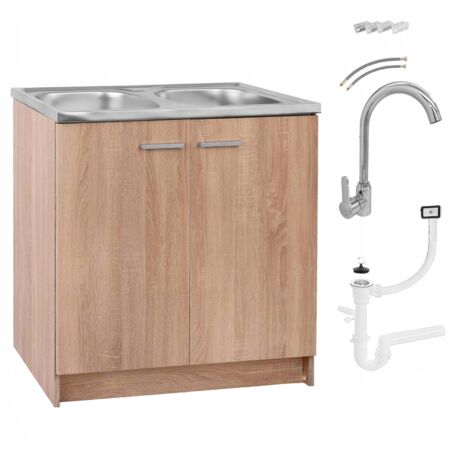 Meuble de cuisine 80 cm – Chêne sonoma – Ensemble complet avec évier inox 41x39 cm et robinet chrome – Installation facile