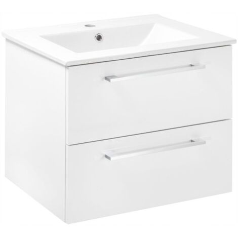 Ensemble Meuble Salle De Bain VBChome 50x40x56 Cm - Lavabo Céramique + Armoire Suspendue 2 Tiroirs, Blanc Brillant - 11