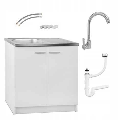Meuble sous évier 80 cm – Évier en acier inoxydable – Robinet chromé 15 l/min – Finition blanche résistante à l'humidité