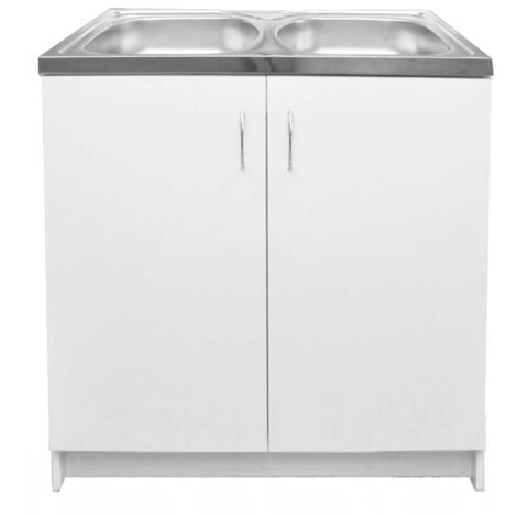 Ensemble cuisine 80 cm – Évier inox à 2 compartiments – Meuble blanc résistant à l'humidité – Installation facile avec accessoires