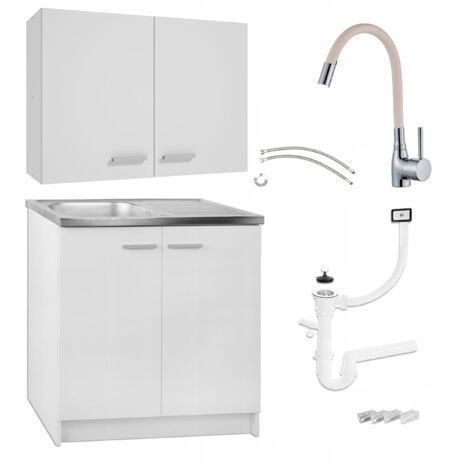 Ensemble Cuisine - Meuble Blanc 80 cm - Design Minimaliste - Évier Inox et Robinet Beige