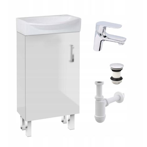 Ensemble Meuble Lavabo - 40 cm - Blanc Brillant - Compact et Élégant - Avec Robinet Click Clack