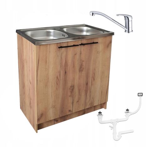 Meuble de cuisine 80 cm - Chêne doré - Évier double - Robinet chromé - Pratique et élégant