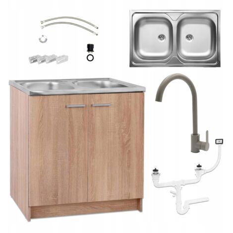 Meuble de cuisine - 80x50 cm - Chêne Sonoma - Évier 2 bacs avec robinet olive - Fonctionnel et élégant