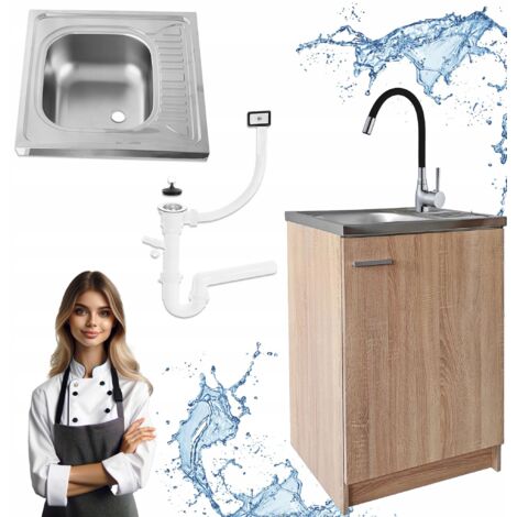 Meuble de cuisine Sonoma - 60 x 50 cm - Noir - Compact et pratique - Avec évier et robinet flexible
