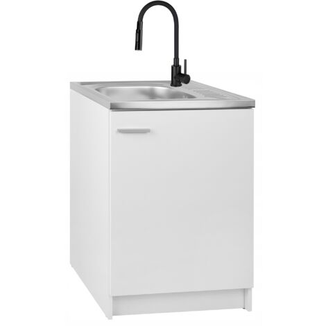 Meuble de Cuisine 60x60 - Blanc - Avec Évier et Robinet Noir Flexible - Gain de Place