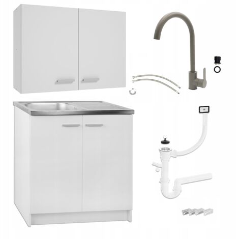 Ensemble Cuisine - Meuble Blanc 80 cm - Zink Inox et Robinet Olive - Design Moderne et Pratique