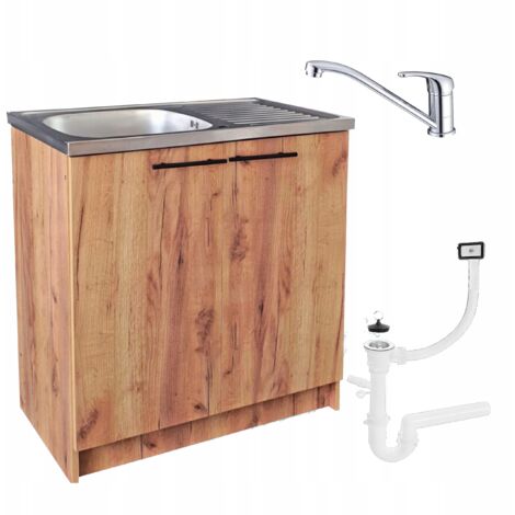 Meuble de cuisine avec évier 80 cm – Chêne doré – Évier en acier inoxydable – Robinet mélangeur avec bec pivotant – Installation facile