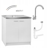 Meuble sous évier 80 cm – Évier en acier inoxydable – Robinet chromé 15 l/min – Finition blanche résistante à l'humidité