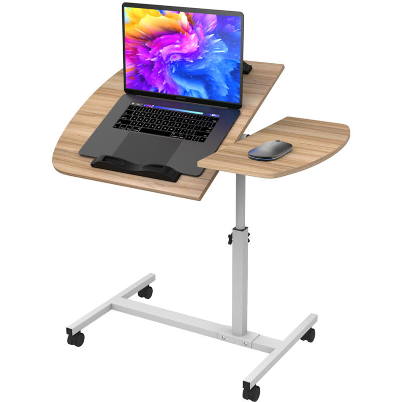 Wohenster Table de Lit à Roulette Blanc, Réglable en Hauteur, Bureau Debout Mobile 60x40CM, Position Debout Réglable, 360° Bureau D'ordinateur de Levage Rotatif, Pliable en Bois