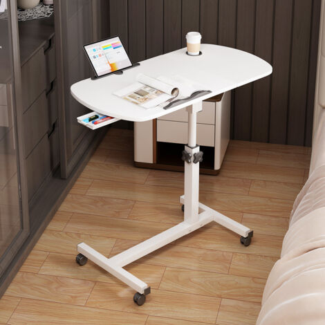 Table de Lit Roulette, Hauteur Ajustable Laptop Support de Souris Séparé, Bureau Debout Mobile 60x40CM avec Petit Tiroir, Bureau Pliable, 360° Bureau D'ordinateur Levage Rotatif Blanc