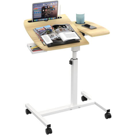 Table de Lit Roulette, Hauteur Ajustable Laptop Support de Souris Séparé, Bureau Debout Mobile 60x40CM avec Petit Tiroir, Bureau Pliable, 360° D'ordinateur Levage Rotatif Oak