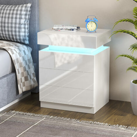 Nachttisch 3 schubladen,Nachtschrank Weiß Hochglan,45x35x61cm,Nachtkommode LED