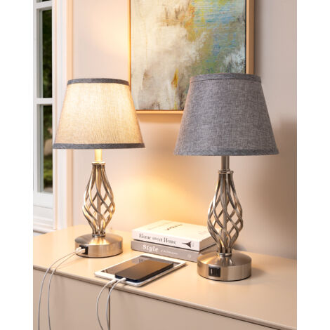 Lot de 2 lampes de chevet avec ports USB A+C – 3 niveaux de luminosité – Abat-jour gris – Hauteur 46 cm – Base stable en métal