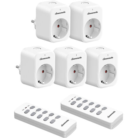 Kit de 5 prises télécommandées ON/OFF – 2 télécommandes – Portée 30m – Charge max 2300W – Sécurité enfant intégrée