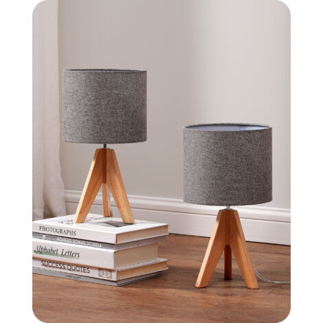 Lot de 2 lampes de chevet E27 – Abat-jour en lin gris – Trépied en bois – Hauteur 36 cm – Design compact pour intérieur