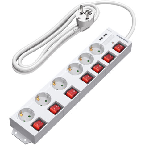 DEWENWILS Multiprise 6 prises 16A + 2 USB + 7 interrupteurs, 3680W max - Blanc, 2 m