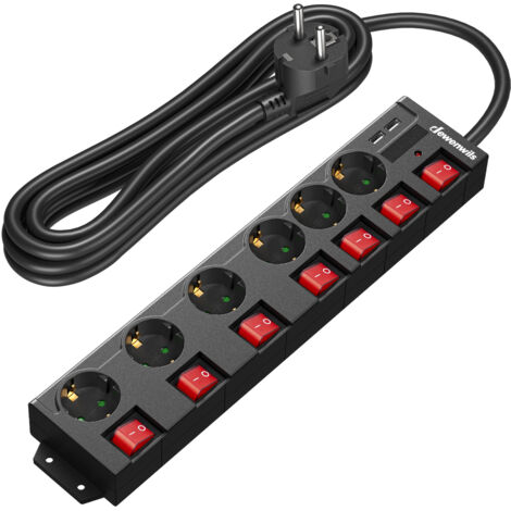 DEWENWILS Multiprise 6 prises 16A + 2 USB + 7 interrupteurs, 3680W max - Noir, 5 m