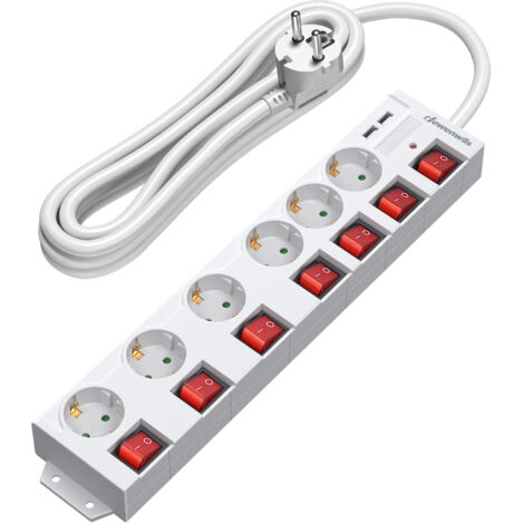 DEWENWILS Multiprise 6 prises 16A + 2 USB + 7 interrupteurs, 3680W max - Blanc, 5 m