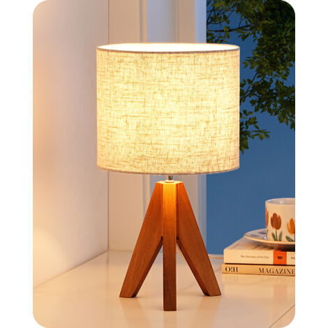 EDISHINE Lampe de chevet en bois, lampe de table avec abat-jour en lin, ampoule LED E27 incluse 36 x 20 x 20 cm, trépied base orange