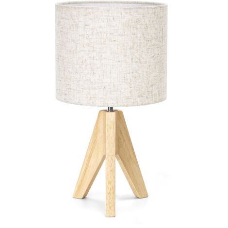 EDISHINE Lampe de chevet en bois, lampe de table avec abat-jour en lin beige, ampoule LED E27 incluse, H36 cm, trépied vintage