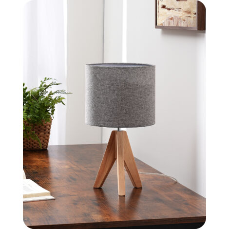EDISHINE Lampe de chevet en bois, lampe de table avec abat-jour en lin cannelle, ampoule LED E27 incluse, 36 x 20 x 20 cm trépied