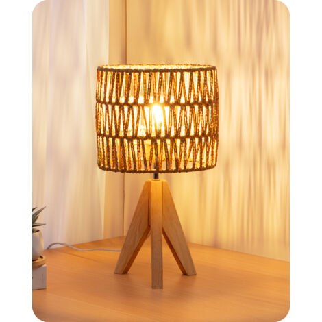 EDISHINE Lampe de chevet H36 cm, Lampe de table, E27 ampoule 2700K incluse, abat-jour en corde tissée à la main, base en bois