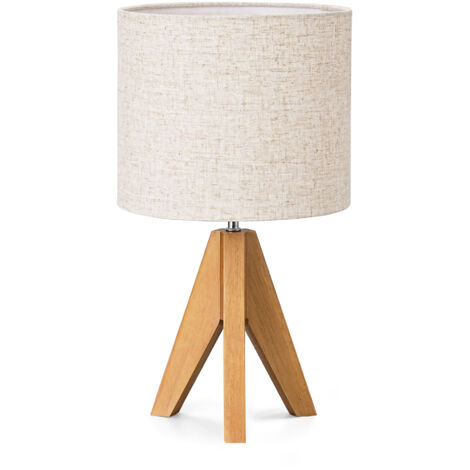 EDISHINE Lampe de table avec abat-jour en lin, lampe de chevet en bois H36 cm, ampoule E27 LED 2700K incluse, noyer clair, trépied