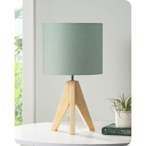 EDISHINE Lampe de chevet en bois, lampe de table avec ampoule LED E27, 36 x 20 x 20 cm trépied, abat-jour en lin vert kaki