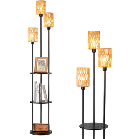 EDISHINE Lampadaire sur Pied Bohème Vintage avec Étagère de Rangement, 3 Abat-Jours en Rotin Naturel, 3xE27 Ampoules LED Incluses, Noir