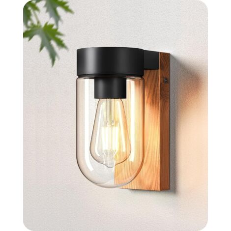 EDISHINE Applique murale extérieure – Verre transparent, aluminium antirouille effet bois – IP44, douille E27 – Dimensions 20×8,2×13,5 cm – Pour terrasse auvent jardin, ampoule non incluse