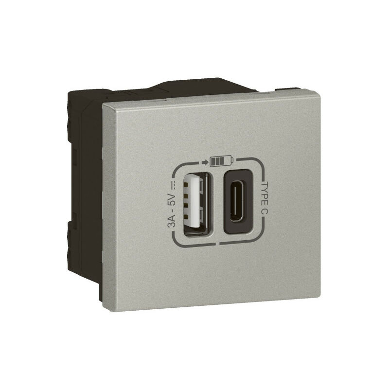 Chargeur USB Type-A + USB Type-C 3A 15W Mosaic Link raccordement latéral 2 modules 230V ou 5V alu (079293L)