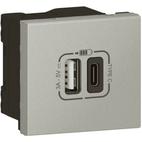 Chargeur USB Type-A + USB Type-C 3A 15W Mosaic Link raccordement latéral 2 modules 230V ou 5V alu (079293L)