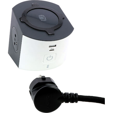 Legrand – Multiprise 2 prises affleurantes – Chargeur sans fil 10W Qi – 2 ports USB A+C 15W – Cordon tressé 2m blanc/gris