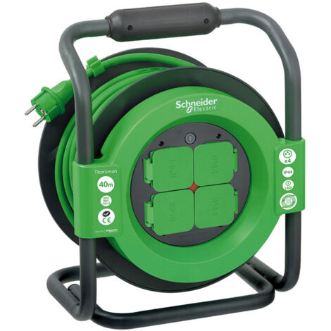 Schneider Electric – Enrouleur électrique 40m H07RNF 4 prises 16A IP44 – Châssis métal robuste pour chantiers humides – Témoin lumineux de fonctionnement (1/3)