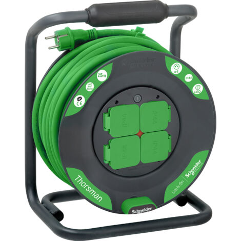 Schneider Electric – Enrouleur bricolage 25m H07RNF 4 prises 16A IP44 – Châssis métal robuste – Indice de protection IP44 pour chantiers humides