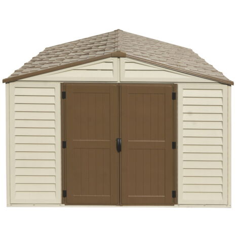 Abri de jardin résine 13,12m² – Dimensions extérieures 405x325cm – Kit fondation et fenêtre inclus – Matériau uPVC sans entretien – Duramax