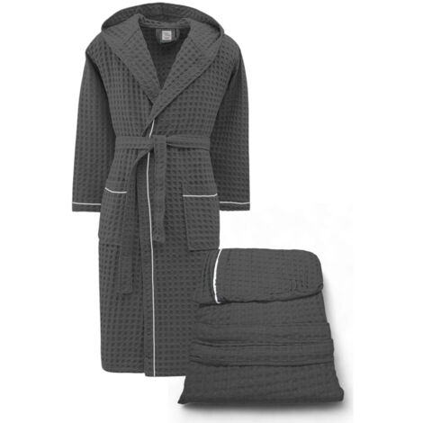 Peignoir en coton avec capuche pour homme et femme, nid d'abeille BEEApone®, couleur anthracite, séchage rapide, doux M
