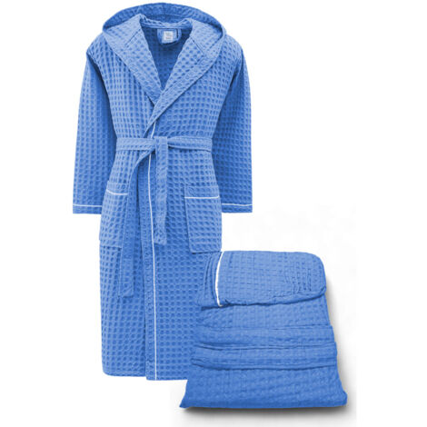 Peignoir en coton avec capuche pour homme et femme, nid d'abeille BEEApone®, bleu clair, séchage rapide, doux L