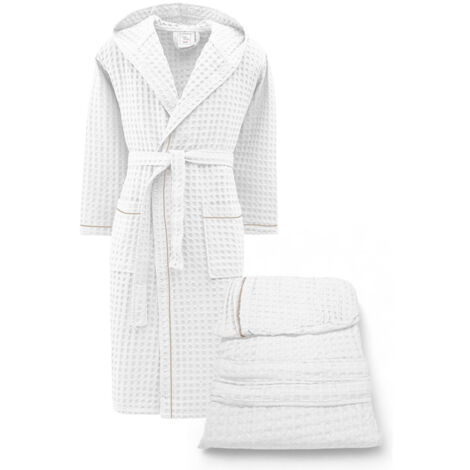Peignoir en coton pour hommes et femmes avec capuche, nid d'abeille BEEApone®, couleur blanche, séchage rapide, doux L