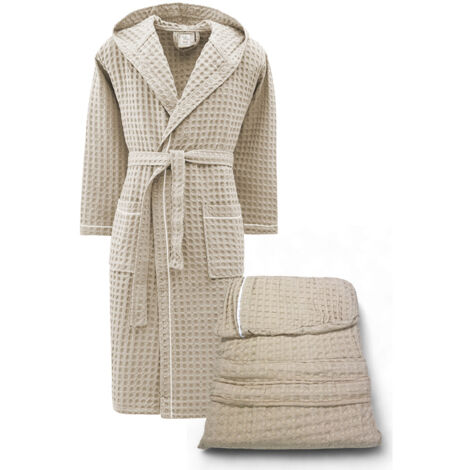 Peignoir en coton pour homme et femme avec capuche, nid d'abeille BEEApone®, couleur beige, séchage rapide, doux M