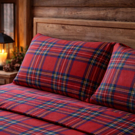 Ensemble de draps écossais rouges - Parure de lit d'hiver 100 % coton naturel - chaud, respirant, fabriqué en Italie 1 PLACE