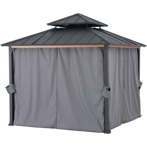 Sunjoy – Rideau pour tonnelle en bois de cèdre 300cm x 300cm – 4 panneaux en polyester gris résistant aux intempéries – Fixations à anneaux incluses (1/5)