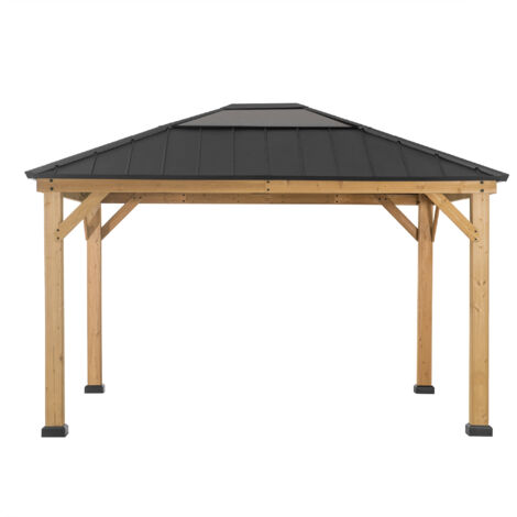 Sunjoy – Tonnelle en cèdre 336x394 cm – Toit rigide en acier et polycarbonate – Résistante aux intempéries et UV – Moustiquaire intégrée