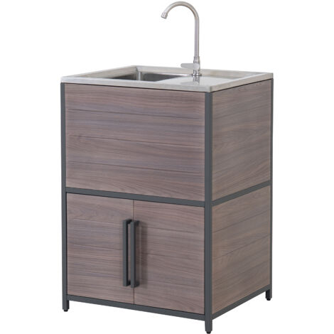Sunjoy – Évier de cuisine MAMBO en acier inoxydable et bois – Surface de travail avec plateau de découpe – Rangement optimisé avec étagères et placard (1/5)