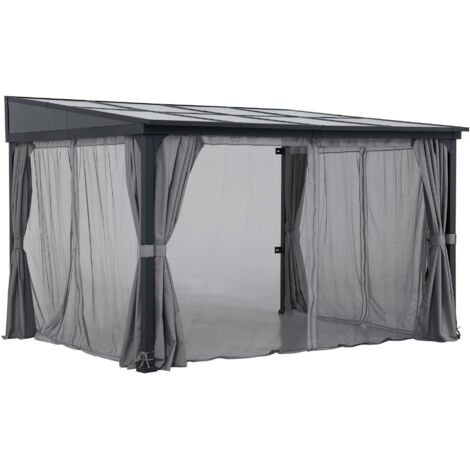 Sunjoy – Tonnelle murale en acier avec rideaux et moustiquaire – 360 cm x 300 cm – Résistante aux intempéries et aux UV – Installation facile