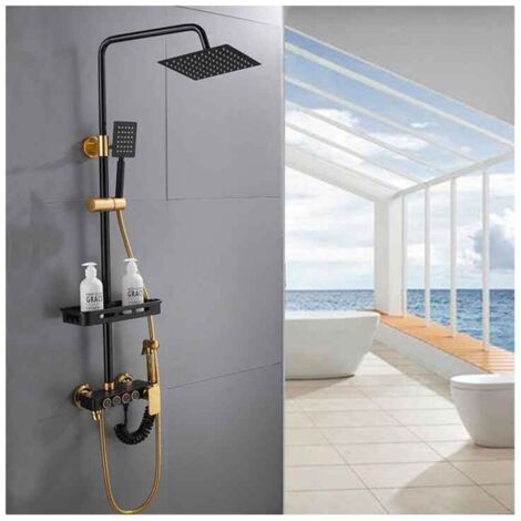 Juego de ducha termostático de latón negro con sistema de ducha dorado de 4 funciones, grifo de ducha de pared para baño. (1/4)