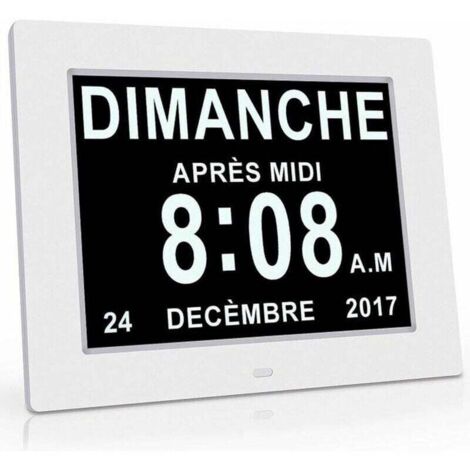 Reloj electrónico con pantalla LCD, pantalla de caracteres grandes y claros, atenuación automática, reloj con conversión a ocho idiomas (blanco) (1/4)